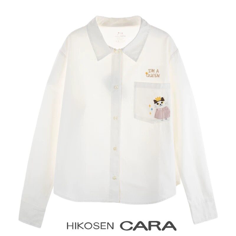 HIKOSEN CARA卡拉猫春季新款纯棉翻领长袖刺绣衬衫女宽松衬衣上衣