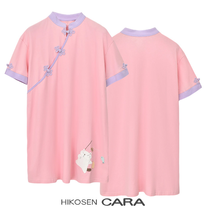 HIKOSN CARA卡拉猫新中式国风连衣裙女盘扣立领短袖气质百搭裙子