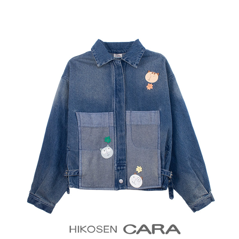 HIKOSEN CARA卡拉猫复古刺绣牛仔外套宽松百搭拼接设计短款夹克衫