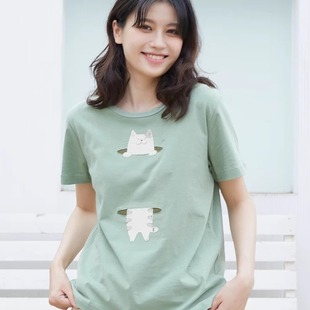 HIKOSEN t恤可爱猫咪女潮牌日系棉ins上衣 CARA卡拉猫夏季 圆领短袖