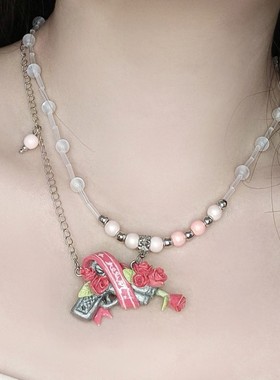 枪与玫瑰 hahaha原创设计手工制作自然元素赛博朋克粘土项链y2k