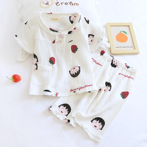 日系女童纯棉纱布小清新夏睡衣套