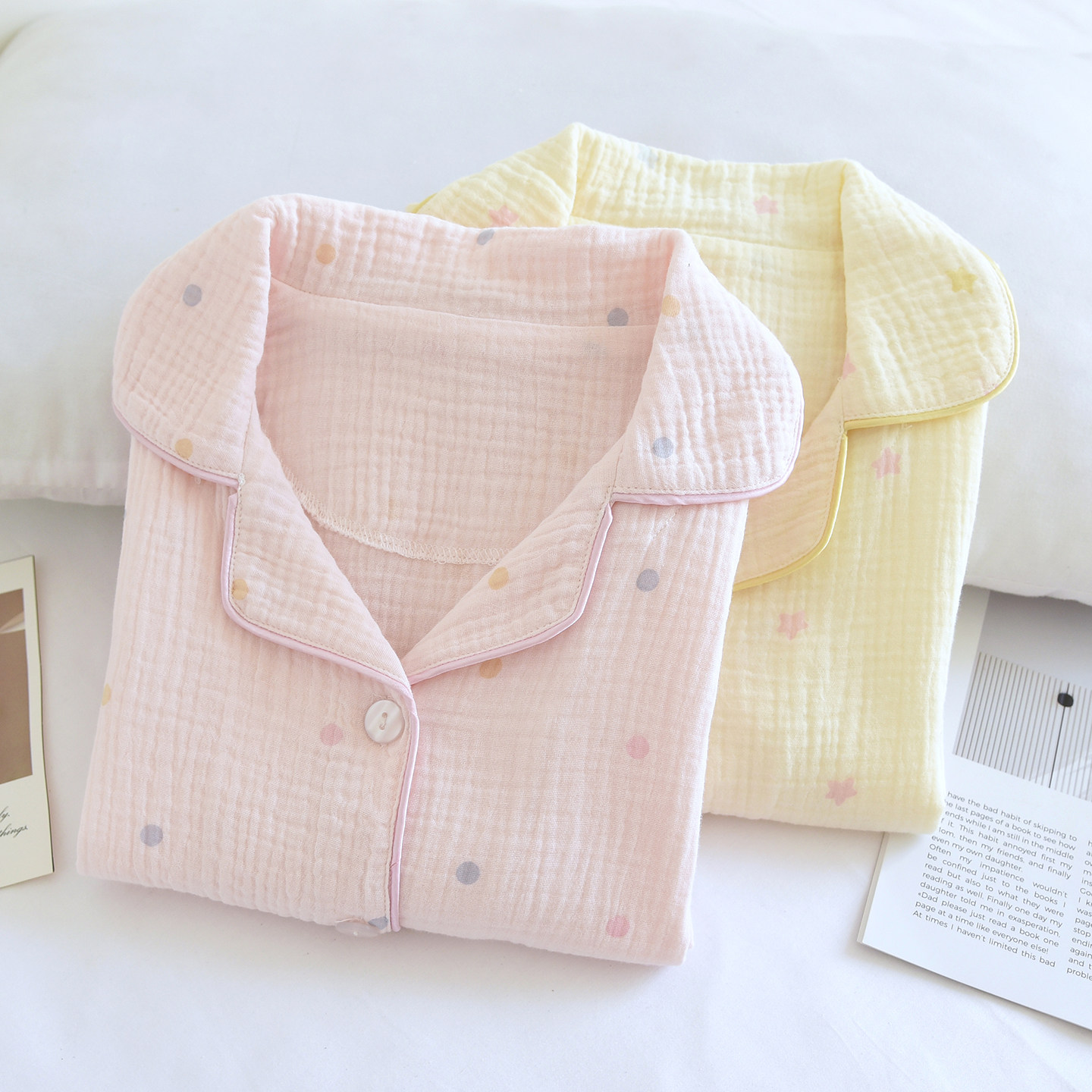 儿童春秋纯棉纱布睡衣套女童泡泡棉纱夏薄款全棉家居服可爱空调服