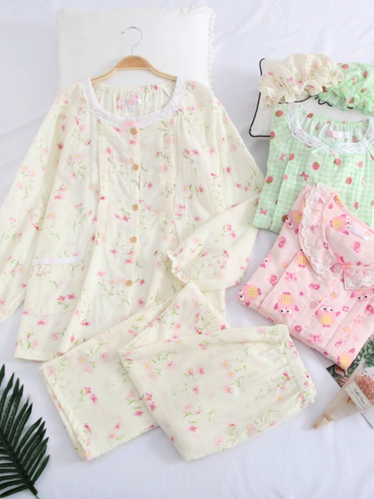 봄 여름 얇은 순면 거즈 긴팔 잠옷 세트 임산부를 위한 모기 방지 옷 가정복 감금복 수유복 수유복