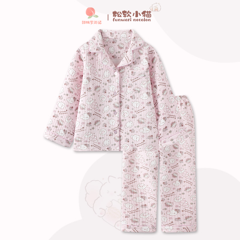 日系可爱猫卡通儿童秋冬纯棉空气棉睡衣套女童加厚夹层家居服A类