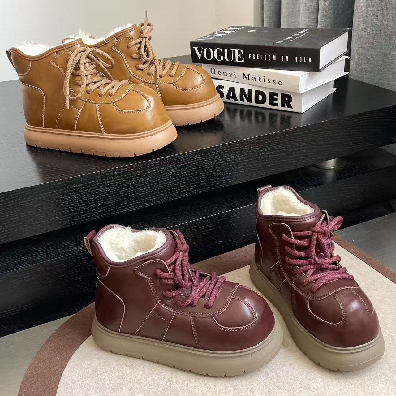 牛皮+羊毛！设计师线 丑萌外贸女士尾货大头增高冬棉鞋雪地靴短靴