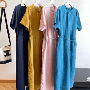 100亚麻！文艺气质款 外贸女装工厂尾货纯亚麻中长款宽松连衣裙子