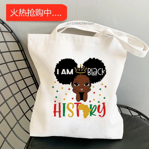 犇Black Girl Canvas Tote Bag欧美风卡通非洲小女孩单肩手提帆布