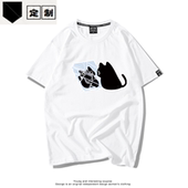 日系复古小黑猫帅裂镜子短袖 表情包偷小鱼干吃纯棉ins潮T恤