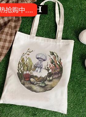 犇Canvas Bag ins小众单肩包大容量原始绿色植物印花百搭帆布包袋
