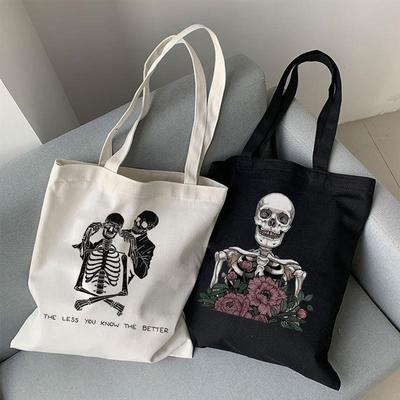 犇跨境外贸Korea Ulzzang Skull Bouquet印花帆布包单肩手提购物