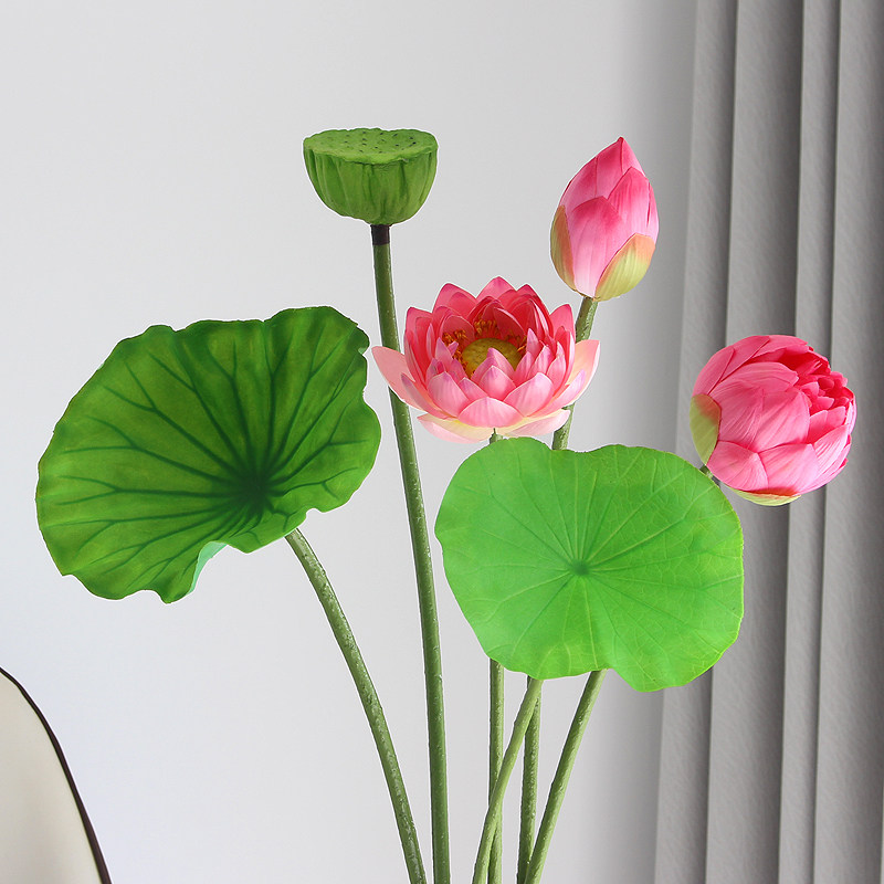 仿真荷花莲花假花绢花束莲蓬中式摆设客厅佛堂供佛PU手感荷叶道具