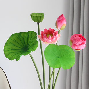 仿真荷花莲花假花绢花束莲蓬中式 摆设客厅佛堂供佛PU手感荷叶道具