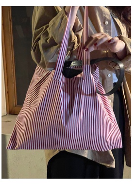 CHIOUU/自制 日本面料 超正大红色条纹环保棉横版大容量布袋