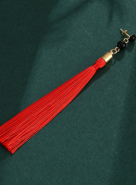 925纯银Vox长款耳夹古风耳饰 新中式耳环红色耳坠小流苏穗子耳钉