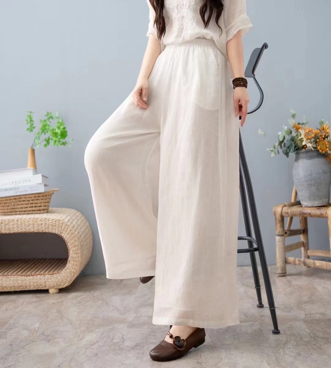 复古松紧腰8136新款细苎麻休闲裤