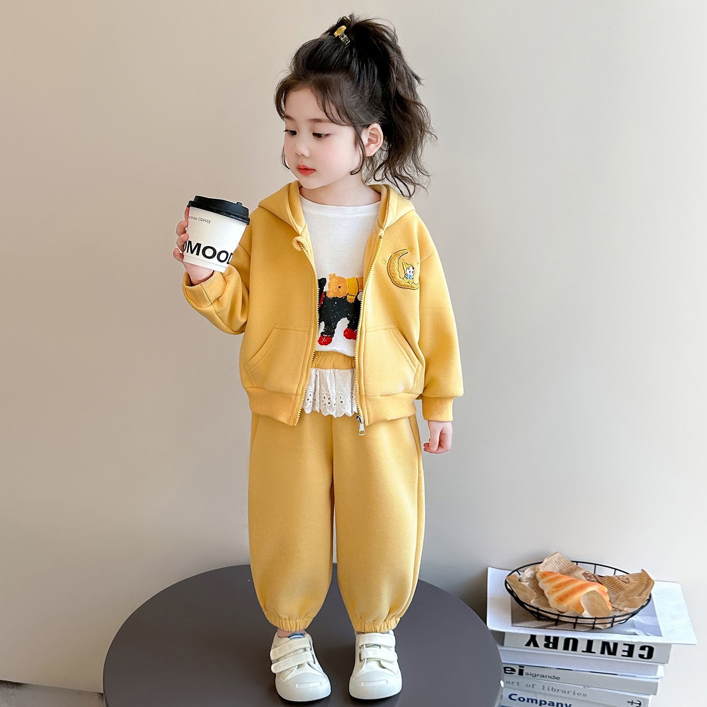 女童春秋卡通连帽卫衣运动套装