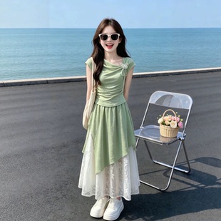 女童夏季短袖薄荷绿套装裙2026夏款中大童蕾丝拼接半身裙两件套