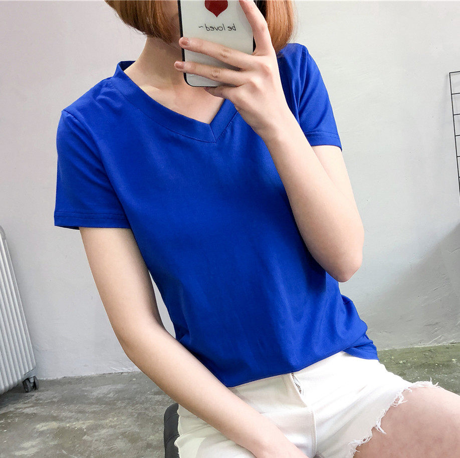 欧洲站春夏女装2024新款宽松V领纯色简约棉白色短袖t恤打底衫上衣