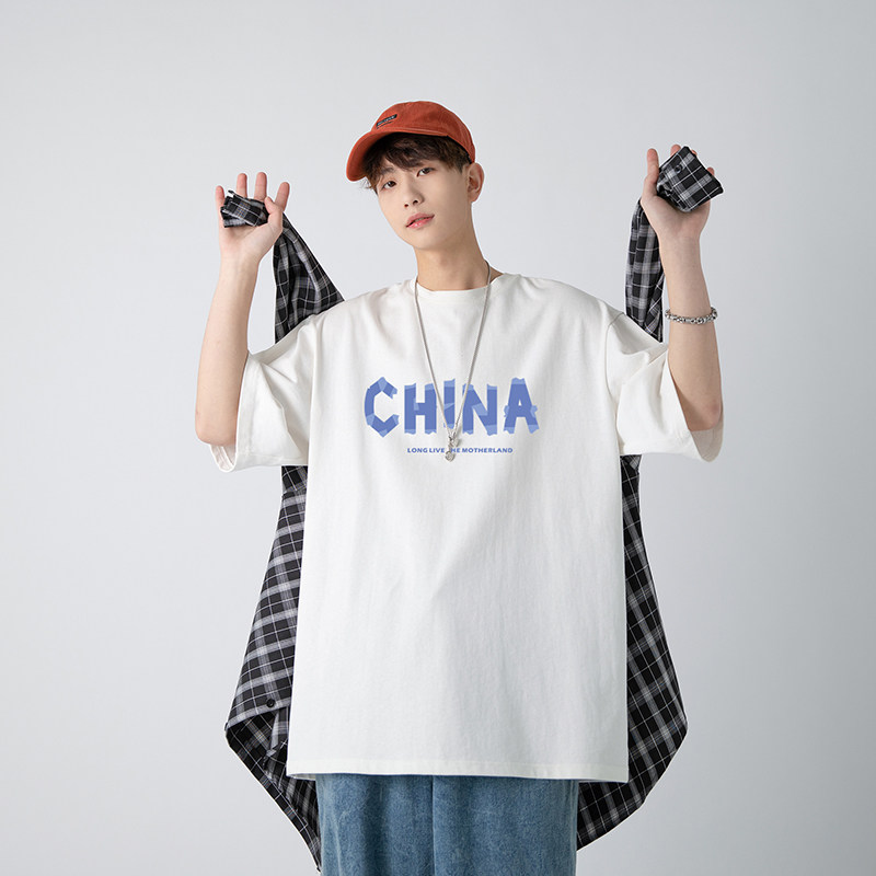 夏季新款大码港风印花圆领五分袖情侣短袖T恤男T018图片