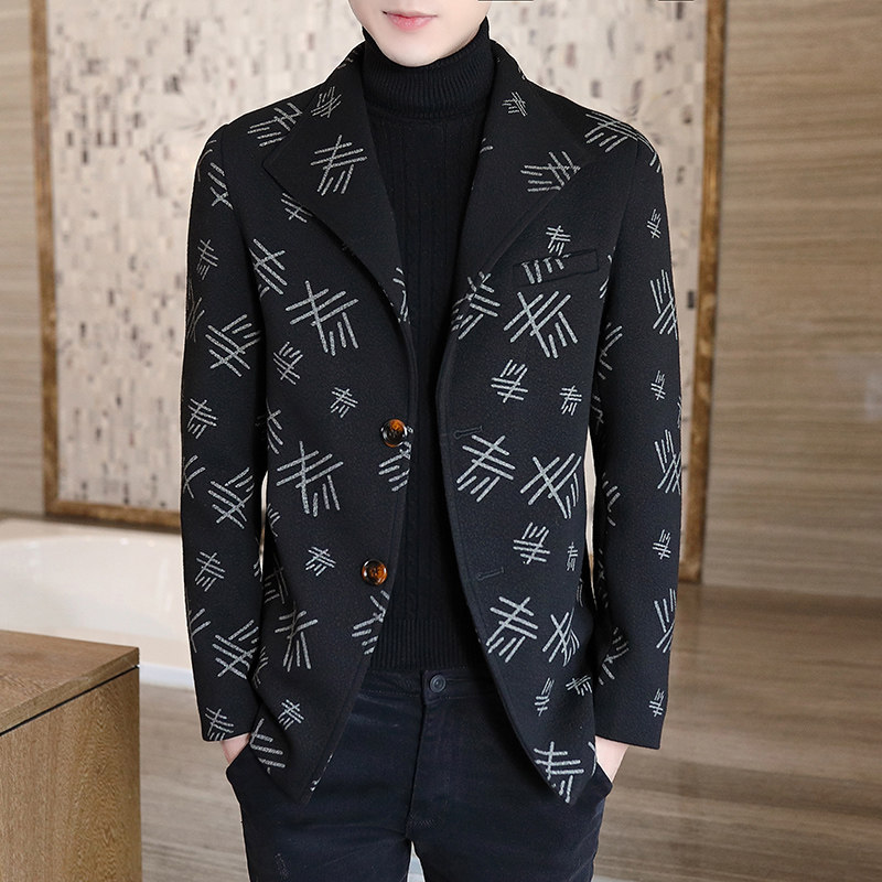 现货主推请少来秋冬季毛呢大衣短款印花夹克外套男N26P120，男装毛呢大衣，电商B226-2（原B217-2）