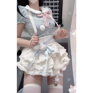 女 少女风夏季 泡泡袖 衬衫 娃娃领上衣蛋糕裙蓬蓬背带裙辣妹两件套装