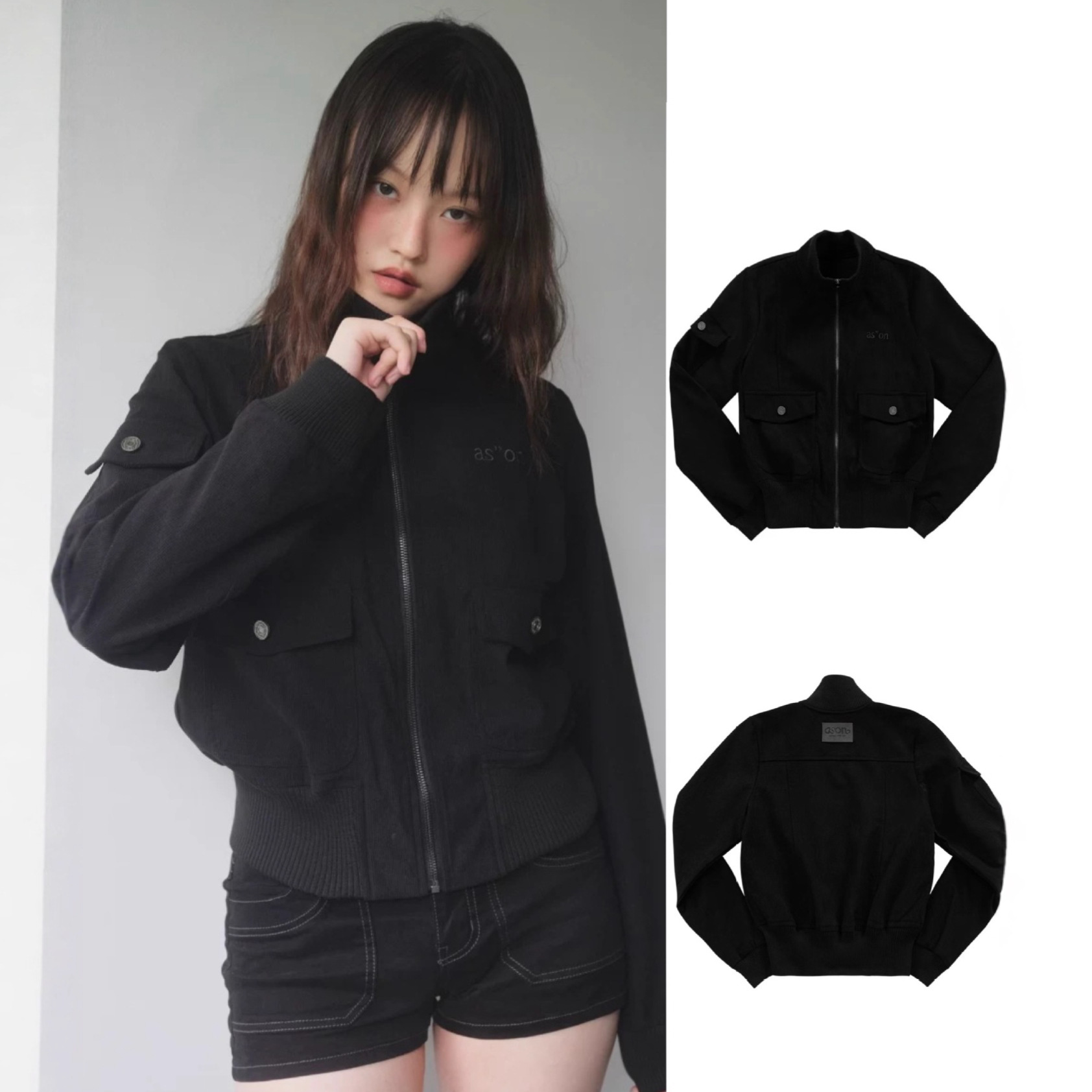 ason字母刺绣大口袋灯芯绒夹克可立领款基础百搭拉链外套