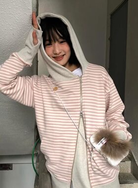 韩版themuseumvi春款条纹少女风卫衣y2k轻亚风宽松连帽外套