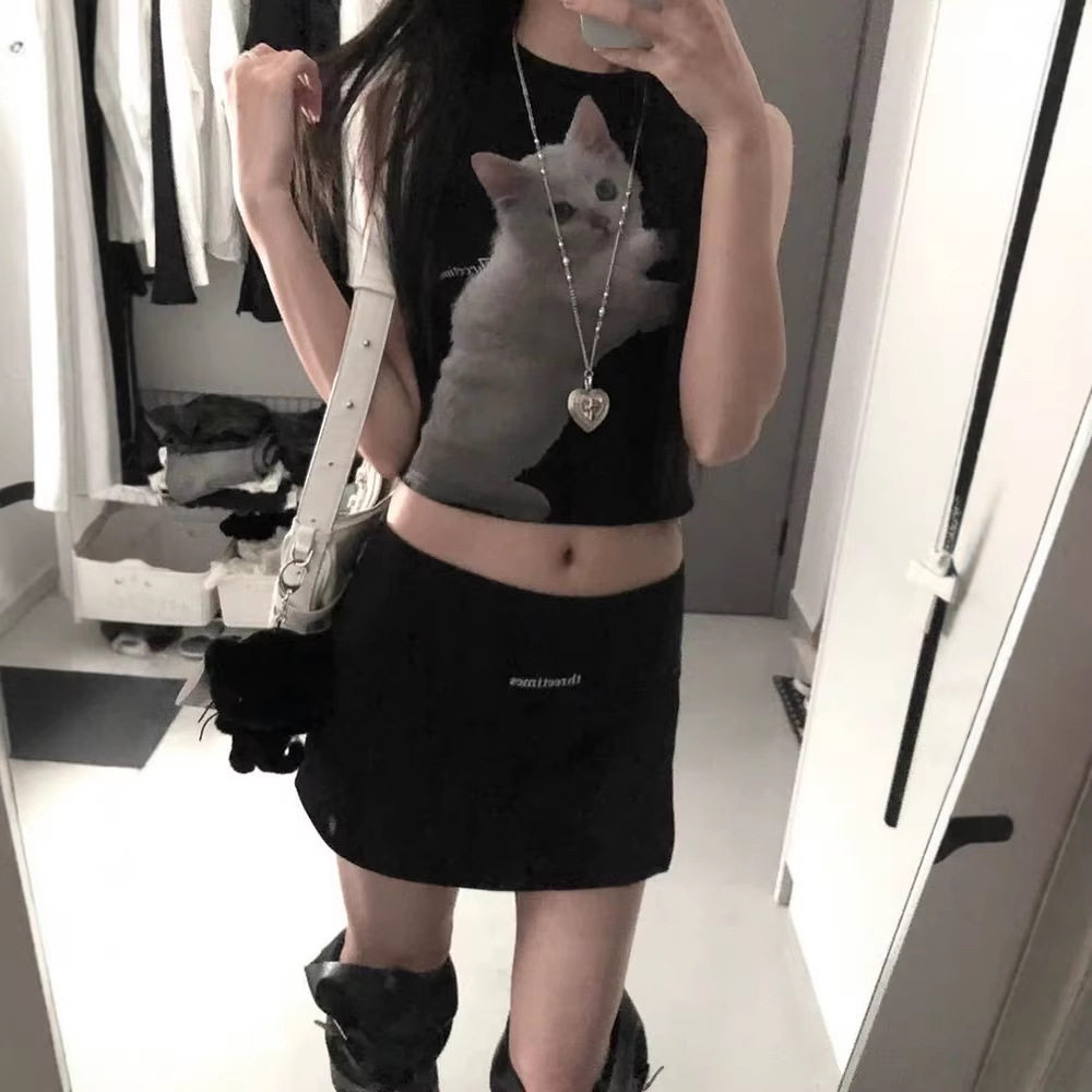 韩代同款猫咪印花背心吊带女夏季显瘦辣妹开衩半身裙短裙