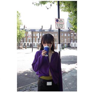 现货 2025新品freckle紫色纯色基础款圆领单排扣羊毛小开衫外套女