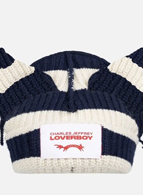 Loverboy条纹猫耳2026秋冬新款猫耳朵帽粗针织双层厚实毛线