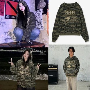25秋季韩国小众潮牌AEAE字母印花迷彩宽松连帽卫衣男女同款上衣