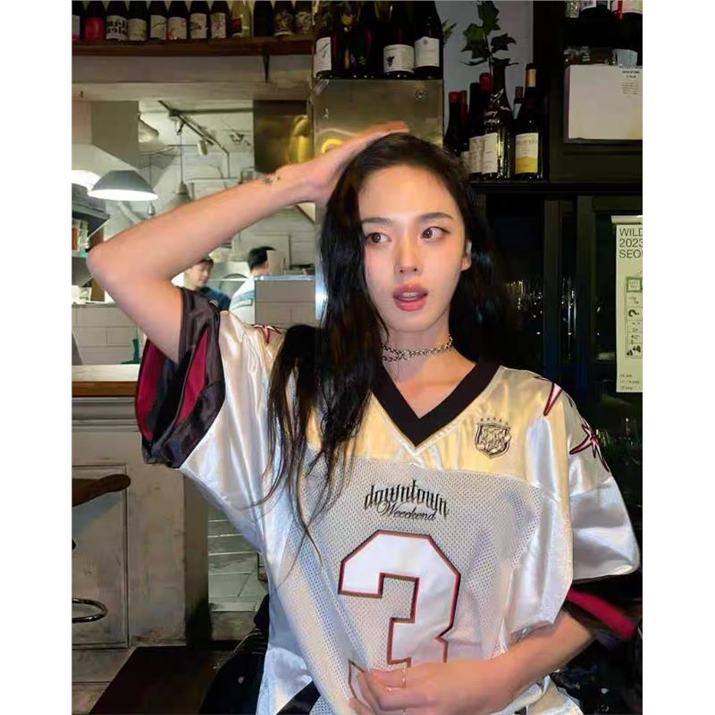 Lartigent美式复古撞色拼接网面宽松男女同款球衣短袖T恤