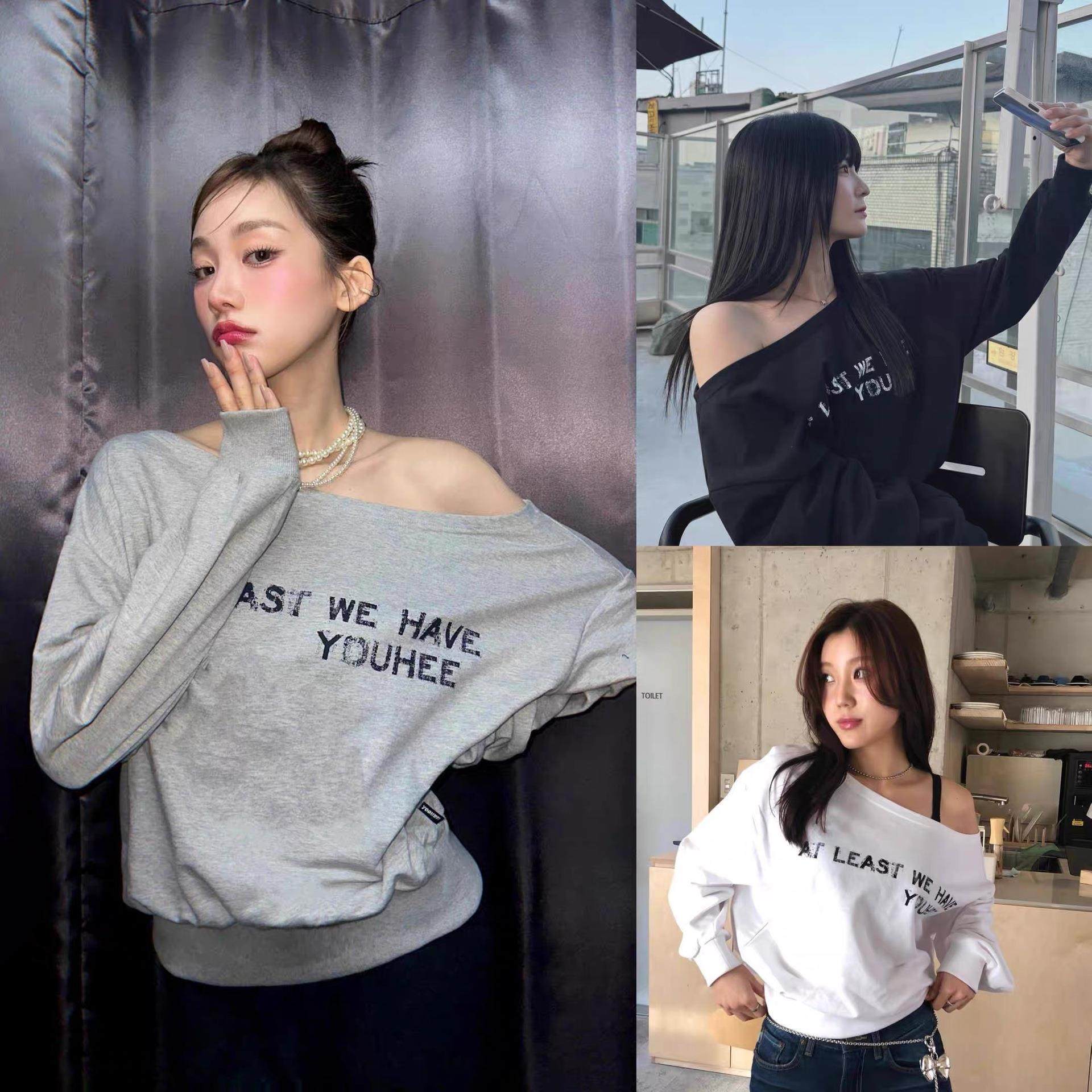 现货~韩国小众林娜琏JOY朴秀荣同款小众潮牌斜肩露肩宽松长袖卫衣