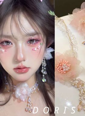 甜美蕾丝花朵水晶流苏耳环2025年新款甜美优雅气质高级感耳饰女
