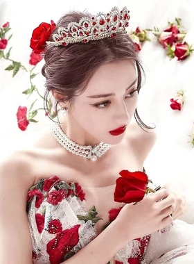 新款水晶钻新娘婚礼结婚晚宴女王红色皇冠耳环项链婚庆影楼旅拍