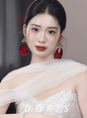 欧美风新娘红色椭圆耳环女小众高级气质耳钉2025新款爆款耳饰