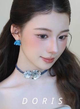 新娘2025新手工蓝银串珠花朵项链颈链小众简约百搭款甜辣锁骨链潮