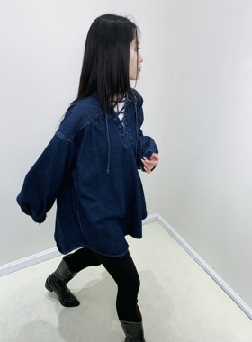 UNDEFINED GIRL2024春季复古牛仔衬衫灯笼袖V领系带宽松轮廓上衣