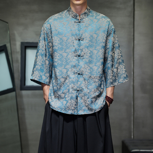 七分袖衬衫男2026夏季薄款冰丝大码宽松中式改良潮牌短袖汉服唐装