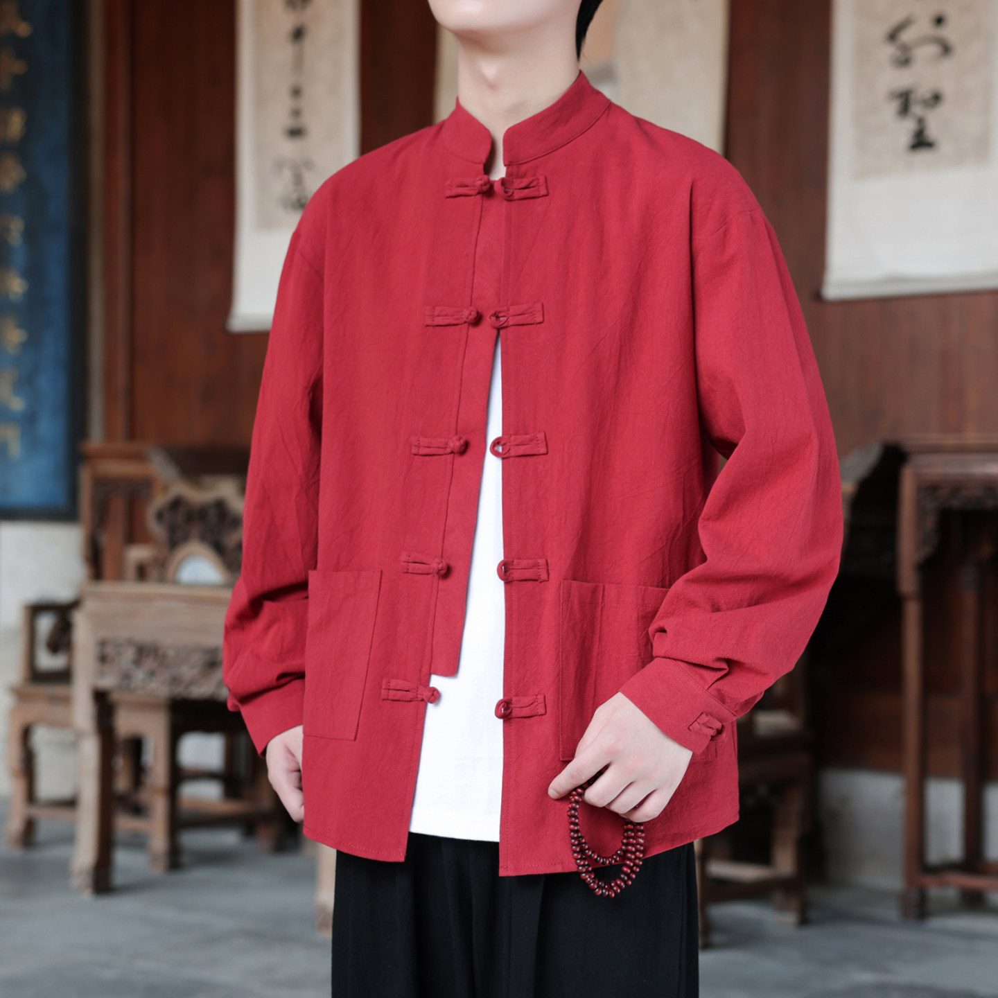 红色长袖衬衫男士复古盘扣唐装潮牌中式大码宽松纯色汉服立领开衫