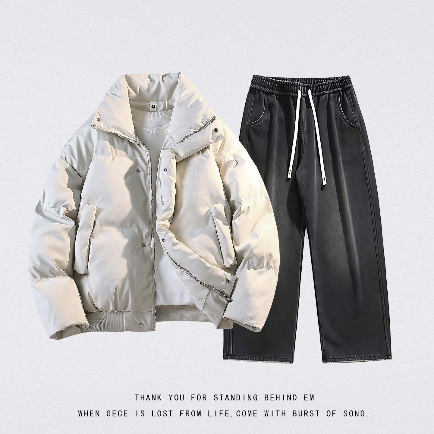 男士立领PU皮棉衣搭配加绒牛仔裤子冬季宽松棉衣直筒裤子一整套男