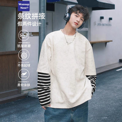 WASSUP美式条纹假两件卫衣男oversize春秋新款宽松休闲男生打底衫