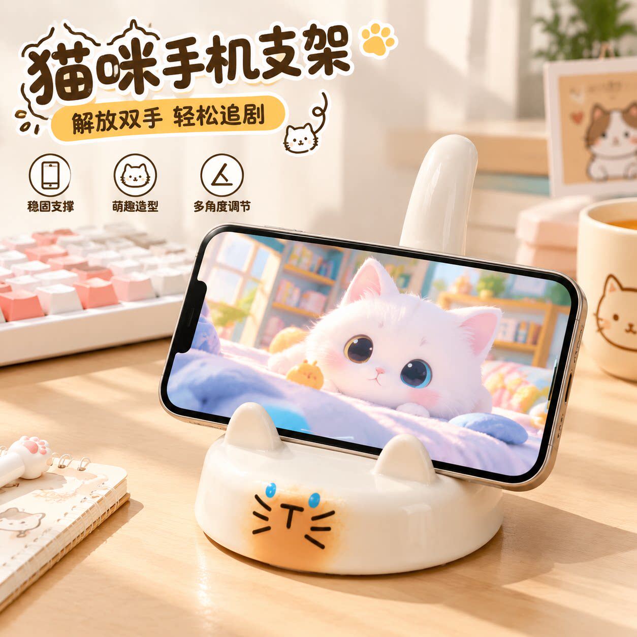 可爱猫尾桌面懒人手机支架