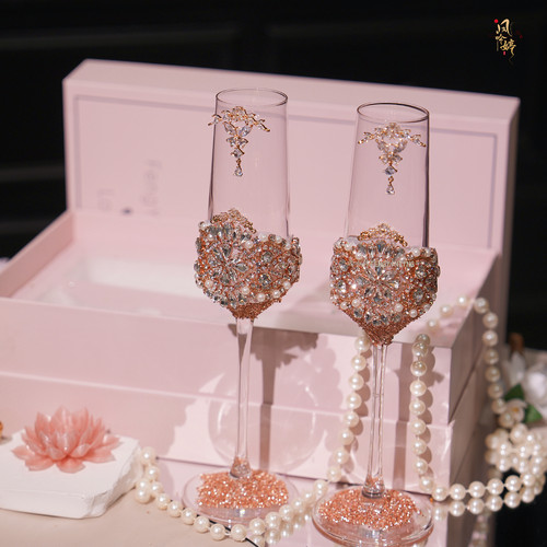 香槟杯高脚杯子碎钻敬酒杯diy敬酒杯结婚一对材料手工新订婚礼物