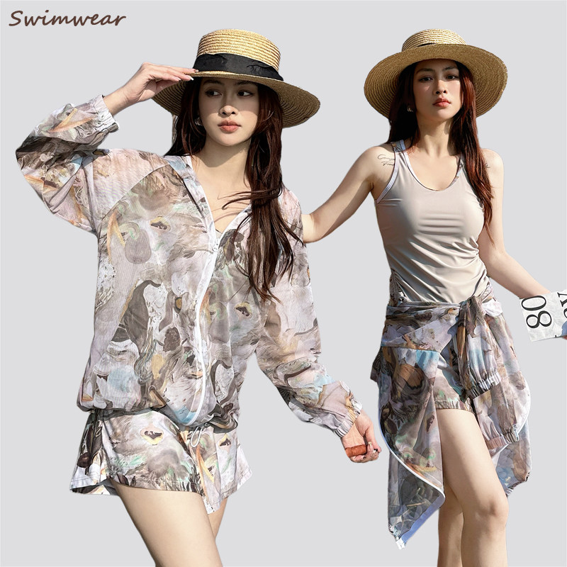 新款大码泳衣女泡温泉长袖分体三件套保守遮肉显瘦胖mm运动高级感