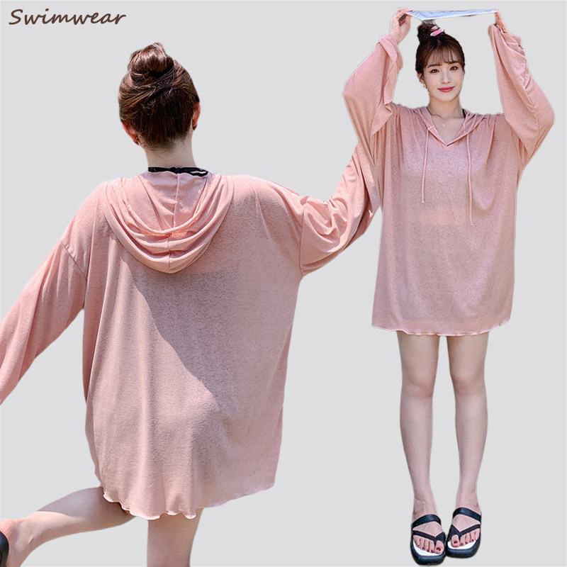 新海边长袖防晒泳衣女遮肚显瘦大码胖mm200斤分体三件套保守温泉