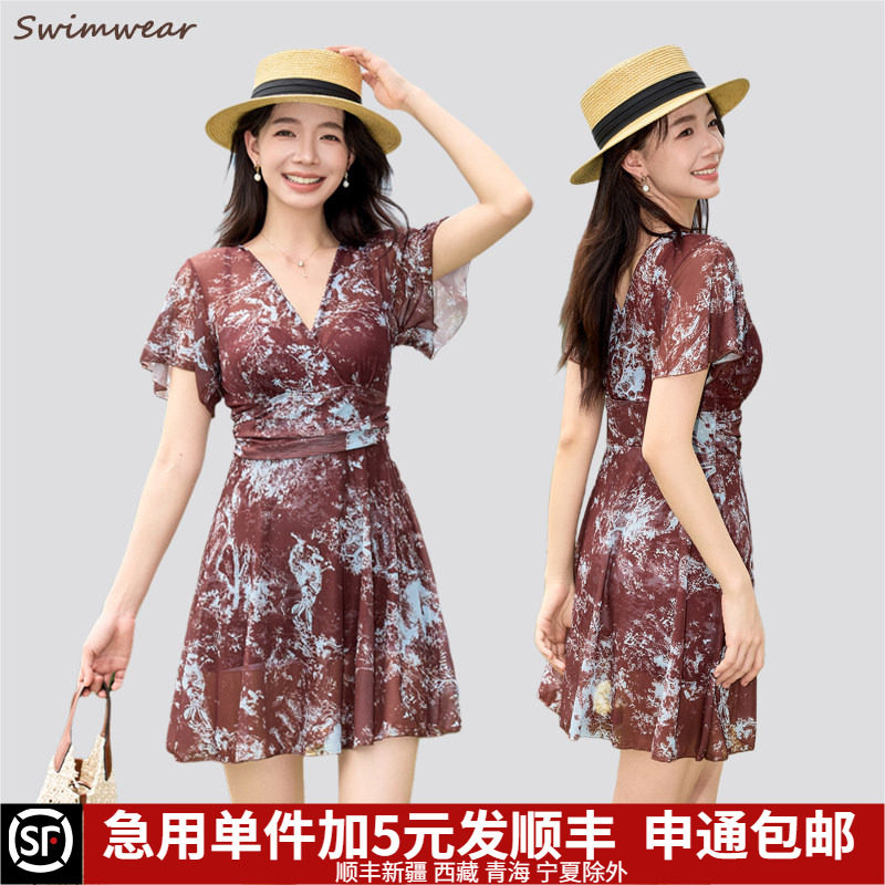 复古保守聚拢连体泳衣女短袖遮肉显瘦修身裙式大码胖mm200斤温泉,运动/瑜伽/健身/球迷用品,连体泳衣,淘宝优惠券,粉丝福利购,淘宝优惠卷