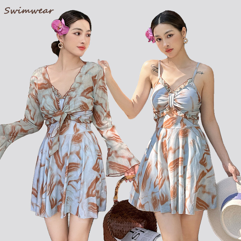 大码200斤保守连体泳衣女长袖罩衫沙滩度假微胖mm泡温泉显瘦遮肉