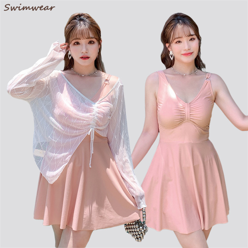 200斤胖mm大码保守泳衣女分体裙式三件套长袖防晒遮肉显瘦泡温泉